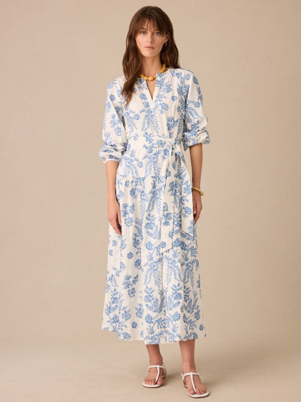 J McLaughlin Nancy Linen Blend Embroidered Dress - Off White/Blue NEW